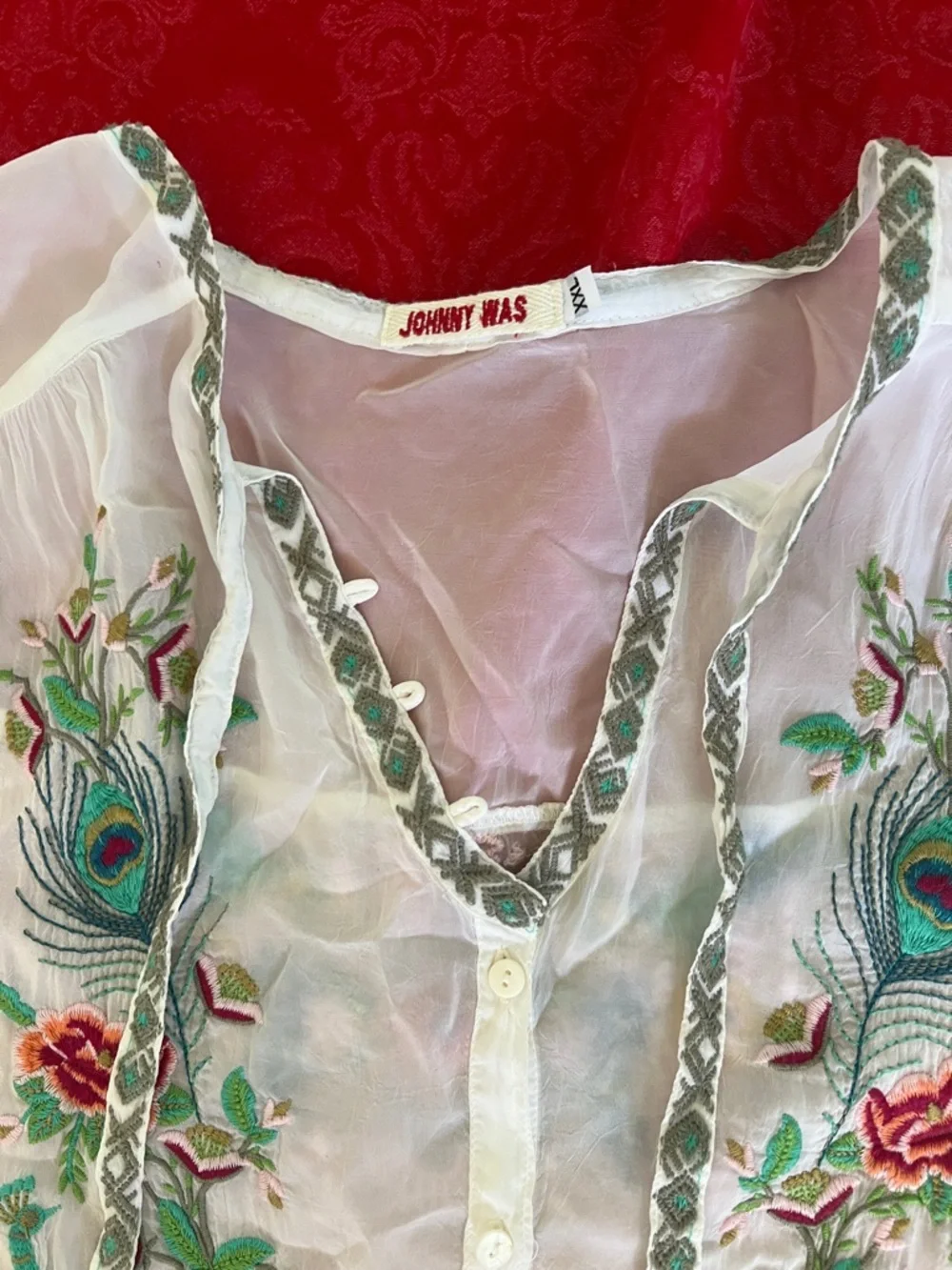 Johnny Was White Embroidered Peasant Blouse Peacock Floral XXL - Picture 6 of 9